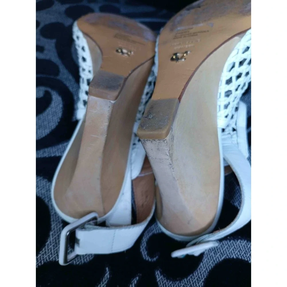 Vince Camuto Signature White Woven Leather Wedge Sandals Slingback Peep Toe